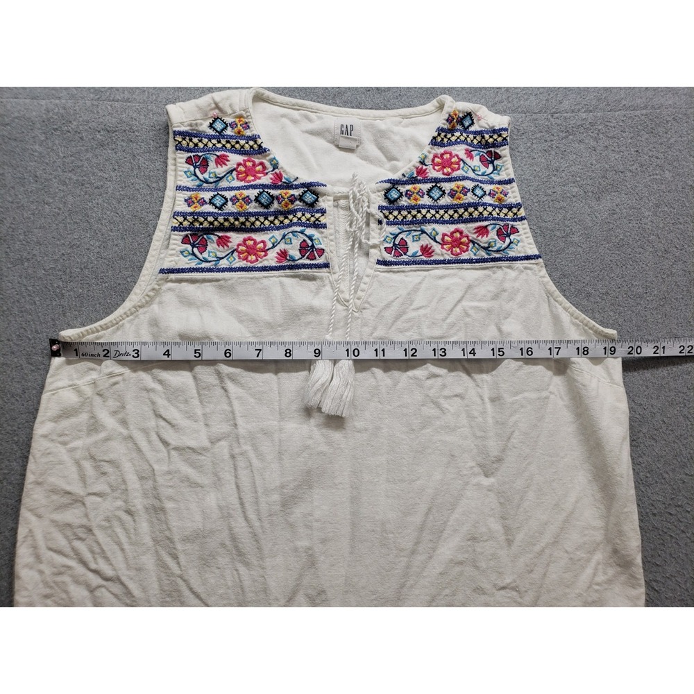 Gap Women Shift Dress M White Sleeveless Embroidery Tasseled V Neck Bohemian - Picture 8 of 16